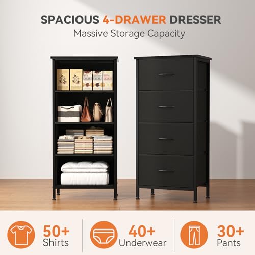 Sweetcrispy 4 Fabric Drawer Small Dresser, Bedside Nightstand with Wooden Top Sturdy Frame, Entryway Closet Bedroom Storage Cabinet Furniture for Dorm,Black - color: Black, size: 11.8"D x 17.7"W x 37.5"H (4 Drawers)