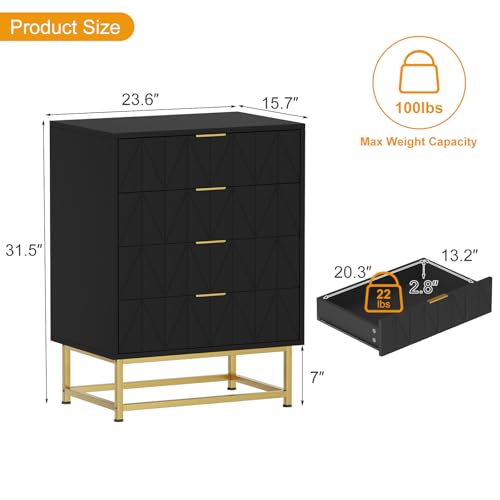 4 Drawer Fabric Dresser Organizer Chest - Small Storage Drawers for Bedroom, Closet and Living Room, Compact Clothing Storage Solution, Modern Narrow Nightstand End Table, Black - color: 4 Drawer-black