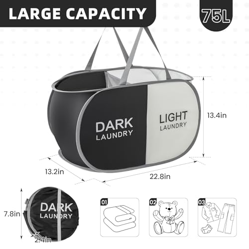 Collapsible Laundry Basket Durable Pop Up Hamper with 2 Compartments for Sort and Storage, Portable Dirty Clothes Hamper for Dorm, Laundry Room or Travel (Black + Begie) - color: Black + Begie, size: 1 Pack