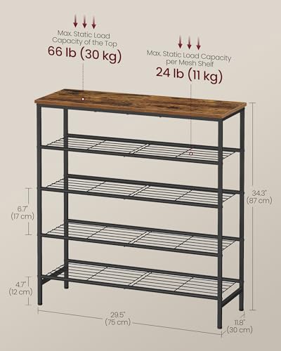 VASAGLE Shoe Rack, Shoe Storage Rack for Closet, Entryway, Living Room, Free Standing Metal Organizer Shelf, 5 Tiers, 11.8 x 29.5 x 34.3 Inches, for 18–24 Pairs, Rustic Brown and Ink Black ULBS050KD01 - size: 5 Tiers (29.5"W)