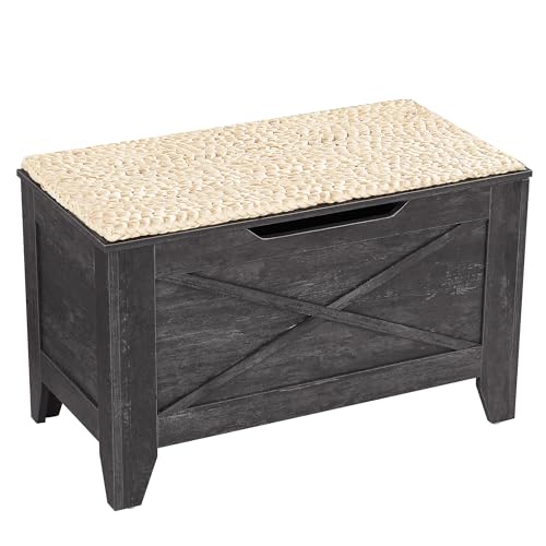 VECELO 30" Storage Bench, Entryway Shoe Ottoman, Farmhouse Style Bench with Handwoven Cushion and Metal Safety Hinges, for Bedroom, Living Room, Entryway, Gray - color: Grey, size: 30"W