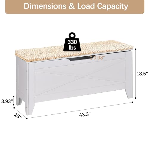 VECELO 43.3" Storage Bench, Entryway Shoe Ottoman, Farmhouse Style Bench with Handwoven Cushion and Metal Safety Hinges, for Bedroom, Living Room, Entryway, White - color: White, size: 43.3"W