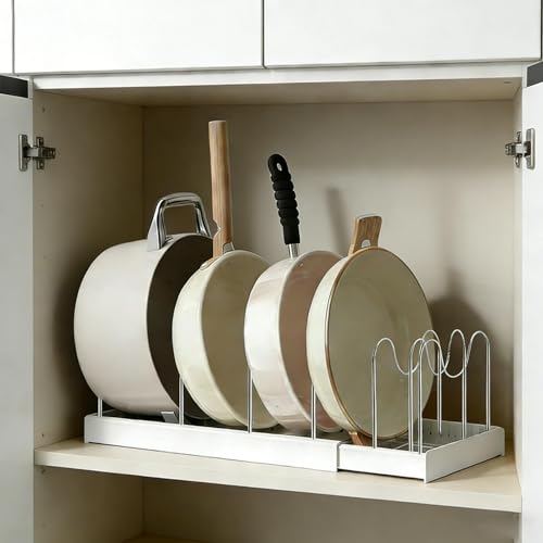 Pots and Pans Organizer for Cabinet, Expandable Pot Rack with 11 Adjustable Dividers, Pan Pots Organizer for Cookie Sheets, Cutting Boards, Pot Lids, Cookware(COLOR:White)