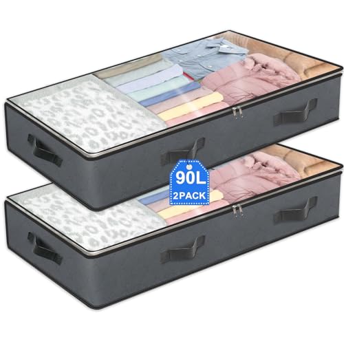 2 Pack Under Bed Storage, 90L Collapsible Closet Containers Organizers and Under Bed Storage Bins, Underbed Storage Bags for Wrapping Paper, Blanket, Towels, Clothes, Comforter, Sweaters, Linen Sheets - color: Grey-2Pack