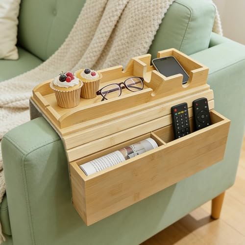Bamboo Couch Armrest Table with Side Pocket, Anti-Slip Sofa Arm Tray & Tv Remote Holder and Cup Holder Tray, Perfect for Holding Drinks, Snacks, Remotes, Cups, and Phones