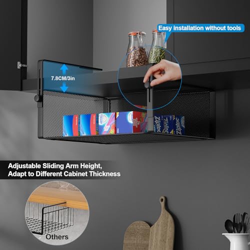 AmonHouseware 2Pack Under Shelf Basket Organizer,Adjustable Hanging Holder for Cabinet Pantry Kitchen Cupboard Desk Counter Bookshelf Organization Add-on Space Saver Heavy Duty Slide-in (Black, Large) - color: Black