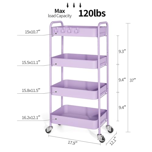TOOLF 4-Tier Rolling Cart - Metal Storage Organizer with Lockable Wheels, 44 lbs Per Shelf Capacity, Tool-Free Assembly, for Kitchen Bathroom Office Laundry Room Nursery, Purple - color: Purple, size: 4-Tier