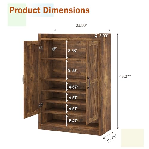 BINGTOO 45" Tall Farmhouse Shoe Storage Cabinet with Doors, Large Shoe Organizer with 4 Adjustable Shelves, Extra Deep Wooden Shoe Rack for Entryway, Foyer, Hallway (Brown, 1 Cabinet) - color: Brown, size: 1 Cabinet