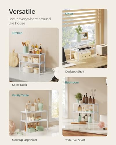 SONGMICS Cabinet Organizer Shelf, Set of 2 Kitchen Counter Shelves, Kitchen Storage, Spice Rack, Stackable, Expandable, Metal and Engineered Wood, Cloud White and Snow White UKCS025W01 - color: Cloud White + Snow White, size: 15.6"W