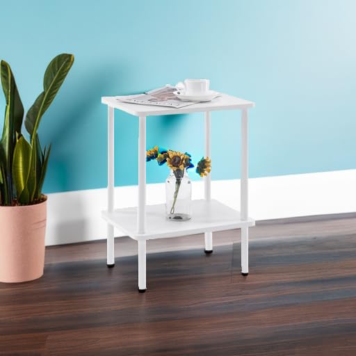 Apicizon 2 Tier End Table, Small Side Table with Solid Wood Legs, Boho Bedside Table with Storage Shelf, Nightstand for Small Spaces, Bedroom, Living Room, Entryway, Farmhouse, Easy Assembly, White - color: White, size: 1 Set, style: 2 Tier