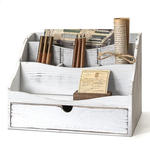 Pine Wood Mail Organizer for Desk - Charming Farmhouse Countertop Mail Sorter for Office Desk & Home Decor - Wooden Letter Organizer with Drawer & Dividers for Room Organization(Whitewash) - color: B-Whitewash