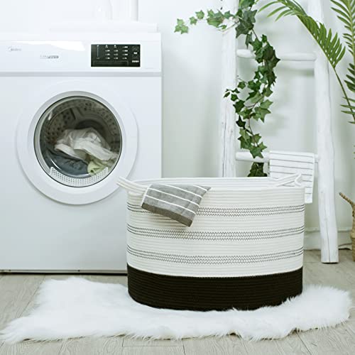 R RUNKA XXXLarge Cotton Rope Basket 22" X 22"X 14" Blanket Basket for Living Room Woven Basket Soft Baby Laundry Blanket Basket Nursery Bin Toy Basket with Handle White+Black - color: White+Black
