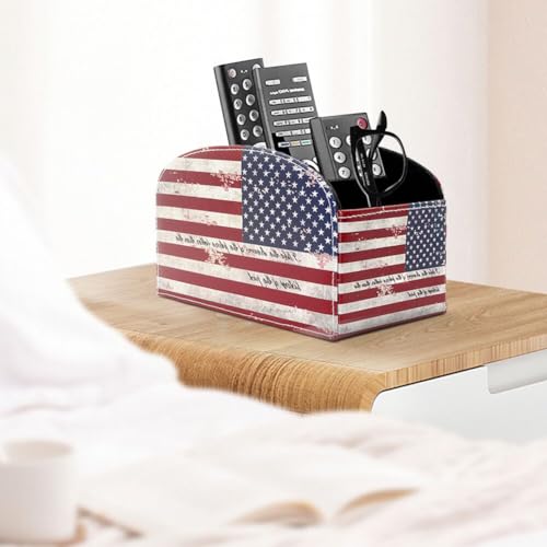 Remote Control Holder Organizer - Leather Table Desk Storage with 4 Spacious Compartments - color: Flag