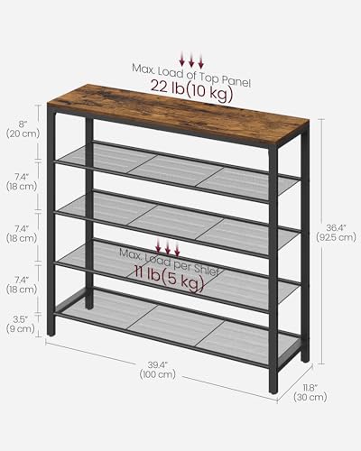VASAGLE Shoe Rack, 5-Tier Shoe Storage Organizer with 4 Metal Mesh Shelves for 16-20 Pairs and Large Surface for Bags, for Entryway, Hallway, Closet, Industrial, Rustic Brown and Black ULBS15BX - color: Rustic Brown, size: 5 Tiers (39.4"W)