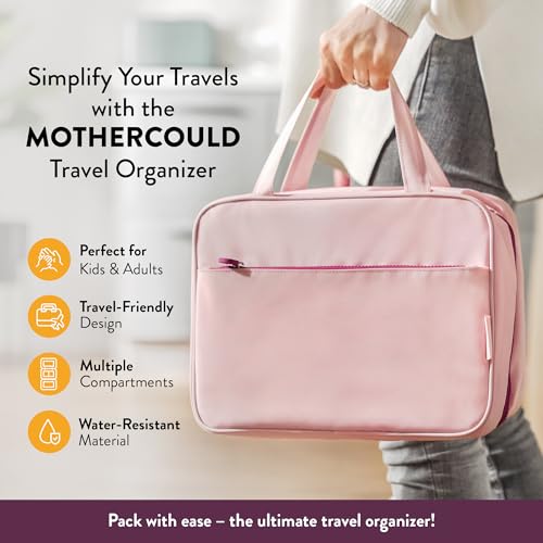 Kids Travel Organizer – Multi-Compartment, Water-Resistant Hanging Bag for Toys, Snacks, & Activities - Compact, Lightweight Design with Hook & Carry Handle - Perfect for Travel Use (Pink, Large) - color: Pink, size: Large