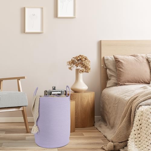 XUANGUO Cotton Rope Laundry Basket Hamper for Clothes Woven Storage Basket for Living Room Bedroom Boho Tall Rope Baskets for Blanket Toys Pillow Towels Baby Nursery Hamper Bin Large purple - color: light purple, size: Large