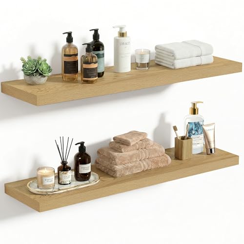 Vivelove 10" Deep Floating Shelves with Invisible Brackets, 30" Wall Shelves for Bathroom Bedroom Kitchen Living Room Laundry Room, Modern Rustic Shelves for Home Decor, 30"x10.2"x1.5", Set of 2, Oak - color: Oak, size: 30”Wx10.2”Dx1.5”H