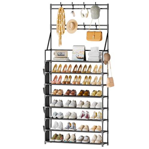 OYREL Shoe Rack 8 Tier Large Shoe Organizer Storage 32-40 Pairs Metal Shoe Storage Rack with Hooks and Side Pocket for Entrance Entryway Closet Shoe Shelf Holder - color: Black, size: 8 Tier