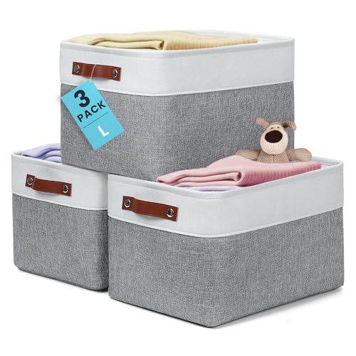 OrganiHaus Large Fabric Storage Baskets for Shelves 3 Pack, 15x11in Closet Storage Bins, Canvas Storage Bin for Organizing, Cloth Baskets, Linen Closet Organizers, Gray/Off-White - color: Gray / Off-White, size: Large - 3pc