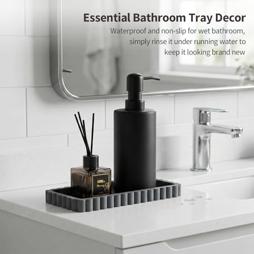 Small Silicone Bathroom Vanity Tray, Sink Caddy for Dish Soap Dispenser, Sponge Holder for Kitchen Sink, Rectangle Bathroom Countertop Organizer for Perfume, Jewelry, Candle (7.9” * 4”, Dark Grey) - color: Dark Grey, size: 7.9" x 4" x 0.7"
