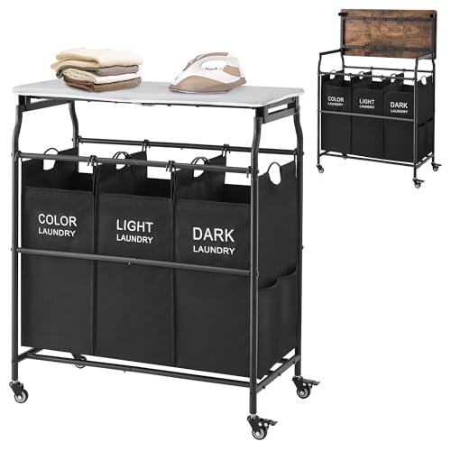 Hoctieon 3 Section Laundry Sorter Cart with Ironing Board, Laundry Hamper with Shelf and Rolling Wheels, Heavy Duty Laundry Basket Organizer, Large Clothes Separator Hamper with Removable Bags, Black - color: Black
