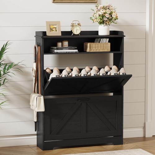 Shoe Cabinet Organizer with 2 Flip Drawers, Farmhouse Narrow Shoe Cabinet with 2 Adjustable Shelves & 2 Hooks, Shoe cabinet storage for entryway, Foyer, Hallway, Black, 31.5"W x 8.7"D x 41.7"H - color: Black, size: 2 Drawers with Shelf
