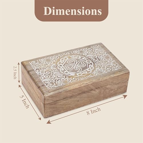 Ajuny Mango Wood Jewelry Box – Hand-Carved Celtic Knot Keepsake/Memory Box, Decorative Trinket & Treasure Chest Organizer, Handmade Gift for Women & Men, Travel Friendly, 8x5 Inch - style: Center Flower Des