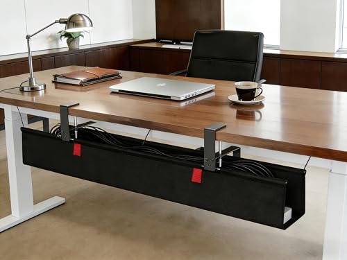 Under Desk Cable Management No Drill – 36" L x 6" W Cord Organizer, Upgraded Silicone Pads (No Scratch), 16 Cable Slots, Washable PE Honeycomb Base, Fits Desks 0–2.1" Thick, Black - color: Black, size: Upgraded with Enhanced Features-36"L x 6.0"W