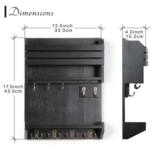Key Holder, Wall Mounted Mail Organizer, Keys Holder on Wall with 9 Key Hooks, Black - color: Black