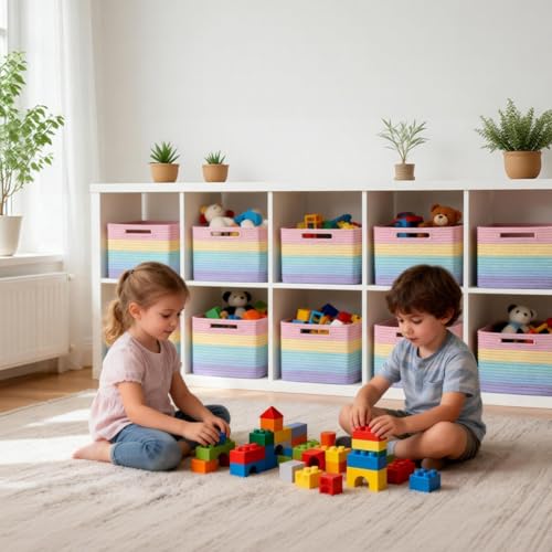 5 Pack Rainbow Woven Storage Baskets for Shelves, Decorative Toy Baskets Organizer for Kids Room, Nursery, Playroom, Classroom – Colorful Cotton Rope Toy Storage Bins for Organizing & Decor - color: Rainbow
