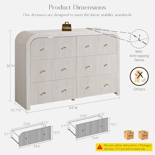 T4TREAM Fluted 6 Drawers Dresser for Bedroom, 54" Wide Modern Chest of Drawers with Thickened Curved Profile Design, Wood Dressers TV Stand for Bedroom, Living Room, Hallway, Alder White - color: Alder White, size: 15.75"D x 54"W x 36"H(6 Drawers)