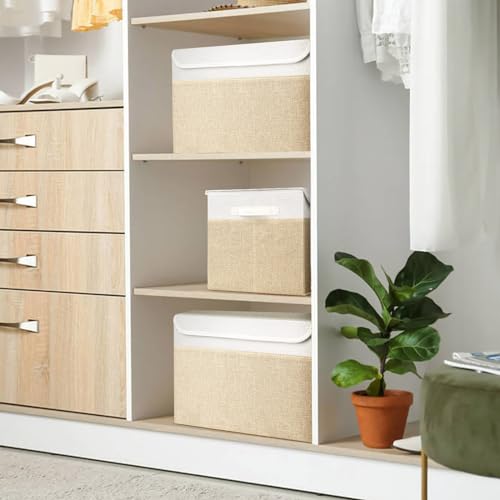 Bagnizer Large 22 Quart Linen Fabric Foldable Storage Bin Cube Organizer Basket with Flip-Top Lid & Handles, Clothes Blanket Box for Home, Office, Closet, Beige & White, 4 Pack 14.6 x 9.5 x 9.5” - color: Beige & White, size: Medium - 4 Pack