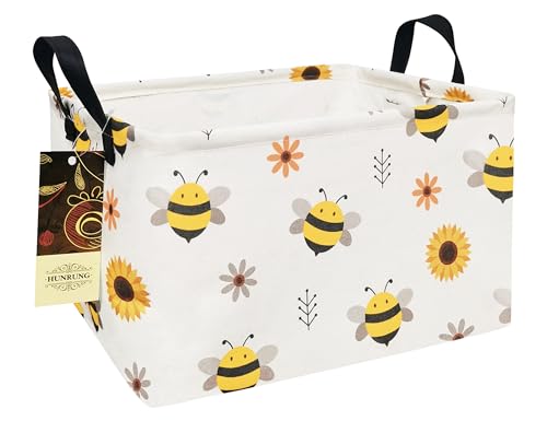 HUNRUNG Rectangle Canvas Storage Basket Foldable Waterproof Toy Organizer Bin with Handles Fabric Collapsible Storage Bins for Shelves Kids Room Playroom Nursery Clothes and Pet Supplies(REC-Bee) - color: REC-Bee