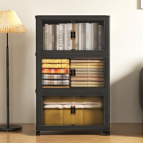 SAILUN 95Gal/381Qt Extra Large Stackable Storage Bins Folding Collapsible Storage Bins with a Lid, Closet Organizers and Storage Black 28" W x 1 - color: Black, size: 1 Lid 3 Pack-28" W x 17" D x 46" H