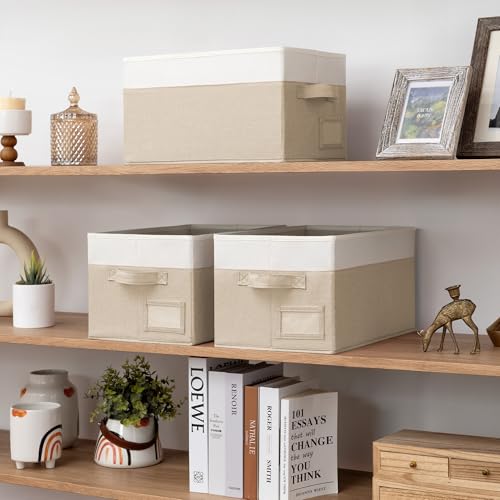 GRANNY SAYS Shelf Storage Baskets, Fabric Storage Bins for Clothes, Closet Storage Boxes with Handles, Collapsible Storage Containers for Bedroom and Living Room, Khaki&Ivory, Medium, 3-Pack - color: White&Kahki, size: Medium