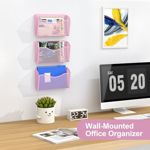 EasyPAG Wall File Organizer, Metal Mesh Hanging File Folder Holder for Letter/A4 Size Folders, Vertical Wall Mount Mail Sorter for Office Paperwork, Classroom, Pink - color: Pink