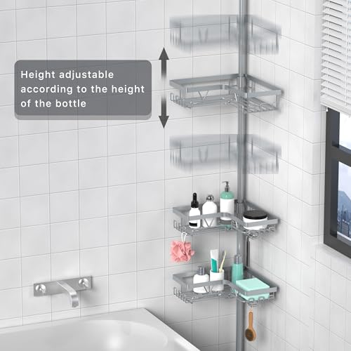 KEGII 4-Tier Corner Shower Caddy Tension Pole - Adjustable Shower Tension Rod Organizer, Floor to Ceiling Shower Caddy 25-114.2 inch, Shower Towel Rack Corner Waterproof, Light Gray - style: Tension Caddy - Light Gray