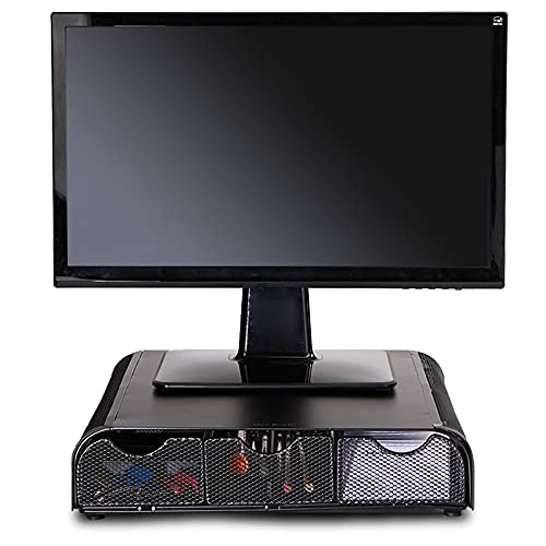 Mind Reader Monitor Stand, Ventilated Laptop Riser, Desktop Organizer, Storage, Metal Mesh, 13.25"L x 12.5"W x 3"H, Black