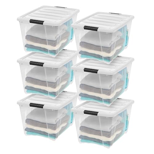 IRIS USA 6-Pack 54 Quart Stackable Storage Bins with Lids [Made in USA] - Everyday Organizer Latching Clear Plastic Organization Containers Closet Bedroom Shelving Units Home Storage - Clear/White - color: Clear/White, size: 54 Qt, style: 6 Pack