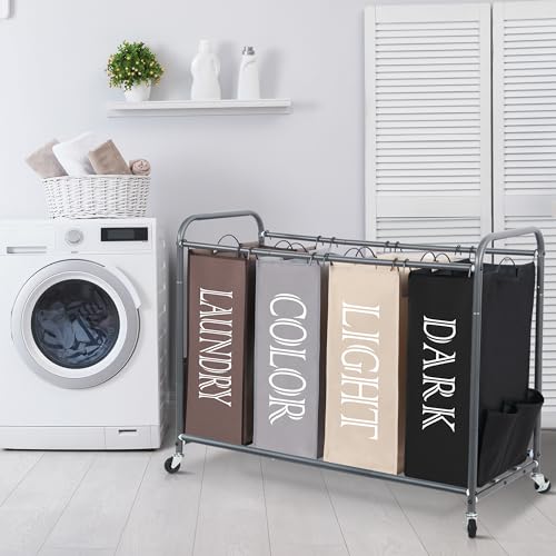 STORAGE MANIAC Laundry Sorter 4 Section, 47.8 Gal (181 L) Laundry Hamper with Wheels, Clothes Divider Basket Sorter, Clothes Separator Hamper Cart with Wheels and Removable Bags, Multicolored - color: Multicolored, size: 4 Section