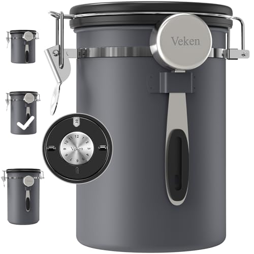 Veken Coffee Canister, Airtight Stainless Steel Kitchen Food Storage Container with Date Tracker and Scoop for Grounds Coffee, Beans, Tea, Flour, Cereal, Sugar, 22OZ, Gray - color: Gray, size: 22 oz