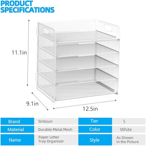 Letter Tray Paper Organizer 5-Tier Desk Organizer File Organizer Paper Holder with Handle, Metal Desktop Document Shelf Tray Office Classroom Organization - White - color: White