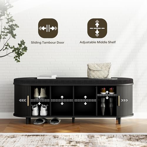 DHH 2-Tier Storage Bench,Wide Shoe Bench with Thickened Padded Seat Cushion, Mid Century Modern Fluted Sliding Door and Adjustable Shelf, for Entryway, Living Room, Bedroom (Black, 51.2”) - color: Black, size: 51.2 inch