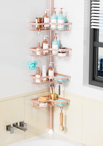 KEGII Corner Shower Caddy Tension Pole - 4-Tier Rustproof Bathroom Organizer, Floor to Ceiling Shower Caddy 25-114.2 inch, No Drilling Shower Storage Rack for Shampoo, Towels (Blush Nude) - style: Tension Caddy - Blush Nude