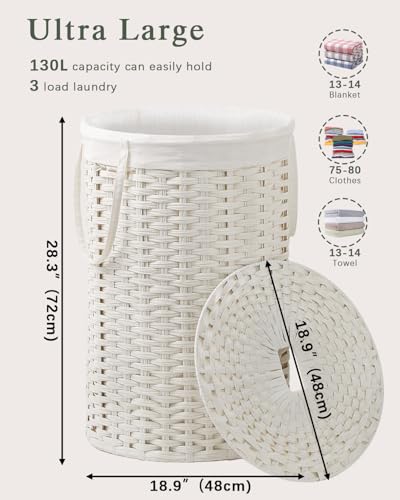 SETVSON Large Laundry Hamper Laundry Basket Round 34.3 Gal (130 L) Handwoven Wicker Laundry Baskets Rattan Laundry Basket with Laundry Bag Handles 2 Mesh Bags for Living Room Bedroom White - color: White, size: 130L