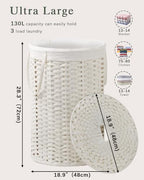 SETVSON Large Laundry Hamper Laundry Basket Round 34.3 Gal (130 L) Handwoven Wicker Laundry Baskets Rattan Laundry Basket with Laundry Bag Handles 2 Mesh Bags for Living Room Bedroom White - color: White, size: 130L