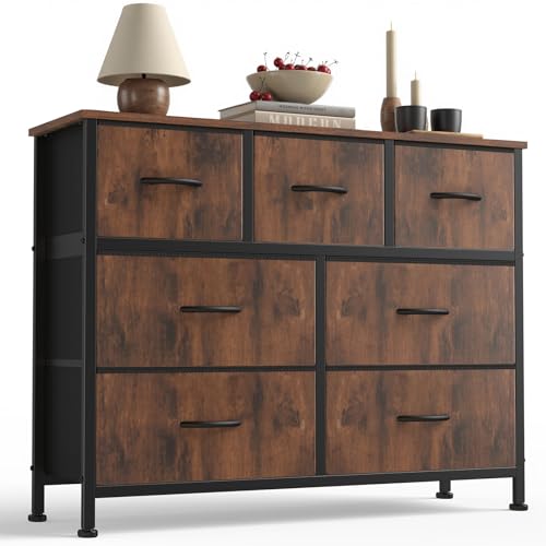 Sweetcrispy 7 Drawer Dresser with Fabric Bins Fabric Storage Tower Organizer for Bedroom Closet Hallway Entryway Tall Chest of Drawers with Steel Frame Wood Top Easy Pull Handles,Rustic Brown - color: Brown, size: 11.8"D x 39.3"W x 30.3"H (7 Drawers)