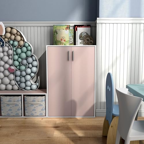 Homes: Inside + Out Apexa 3-Tier Stackable Wood Bookcase with Doors, Cube Storage Organizer Shelves, Small Food Pantry Cabinet, Dorm Teen Room Decor & Bedroom, Home Office, Kitchen, Light Pink - color: Light Pink, size: 3-Tier