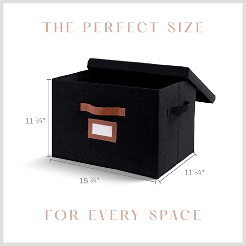 3 Pack Large Fabric Storage Boxes with Lids (15.75" x 11.25" x 11.25") - Decorative Bin with Lid, Label Holder, Faux Leather Handles - Large Storage Boxes for Organizing Clothes, Blankets - Black - color: Black