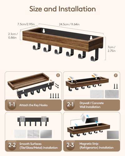 Key Holder Wall Mount Adhesive Magnetic - Hanging Key Hooks with Mail Organizer Tray for Wallet House Accessories - Keys Hanger Rack with Shelf for Camper Entryway Door Home Living Room Decor Rustic - color: Rustic, size: Medium